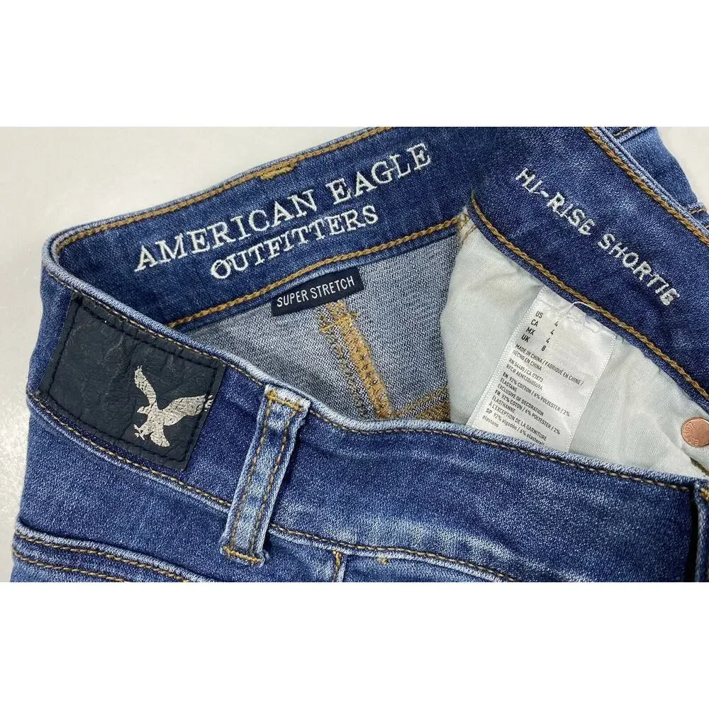 American Eagle Shorts 4 Hi-Rise Shortie Denim Jean Holes Raw Hems Distressed